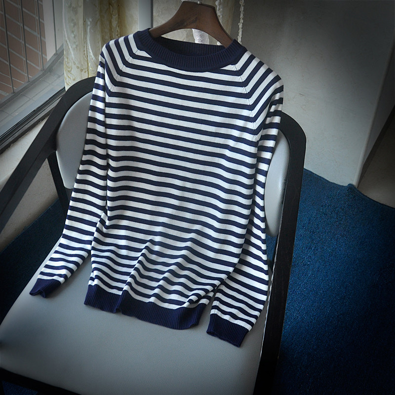 European Standing Ice Silk Knit Women's T-shirt Blouses Women's Temperament Striped Jersey 2019 Early Autumn New Thin Stitch Weaters-Taobao