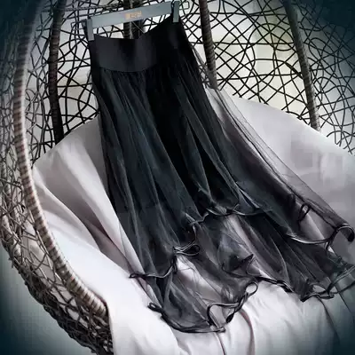 Sexy perspective medium and long version of gauze skirt skirt 2020 Summer Korean version Black irregular mesh gauze puff dress A- line dress