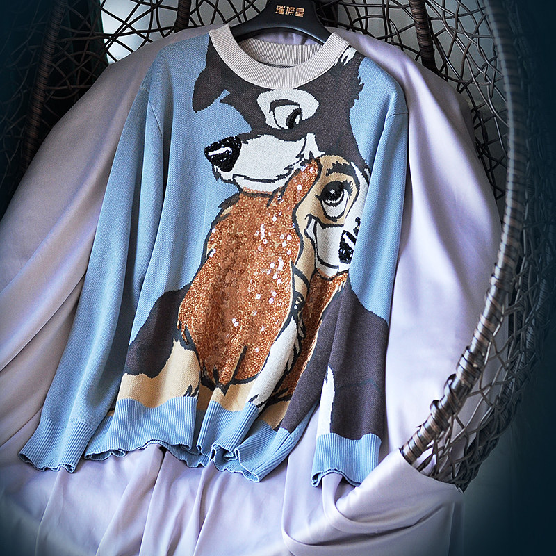Sequin design sense niche 2020 autumn and winter animal embroidery knitwear pullover sweater lazy wind coat women