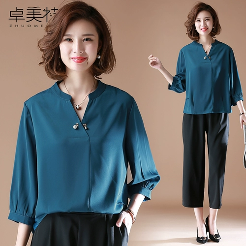Осенняя рубашка для матери, модная футболка, летняя одежда для пожилых людей, комплект, в западном стиле, коллекция 2021, для среднего возраста