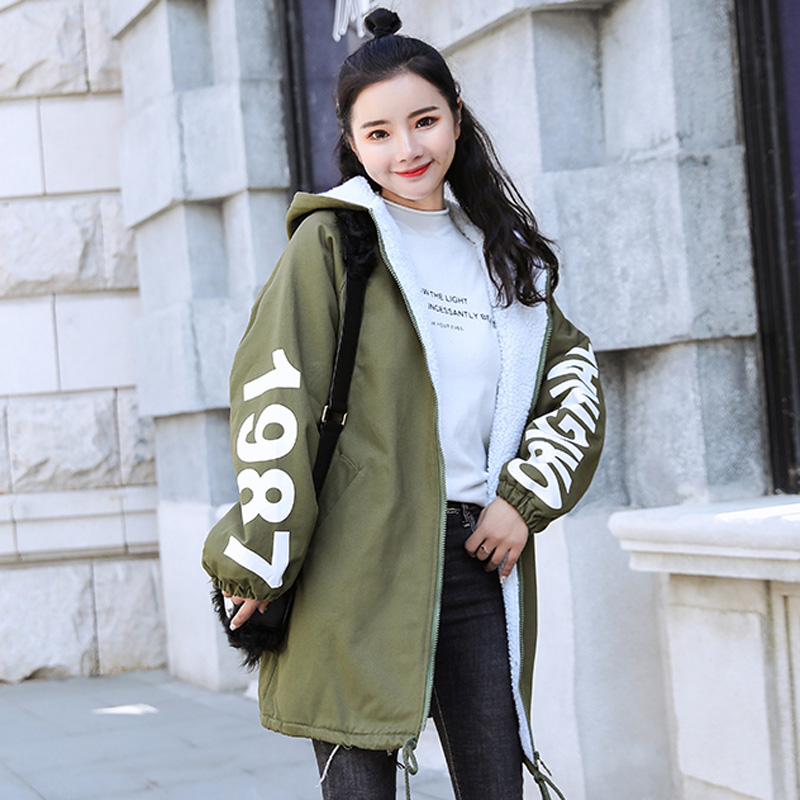 Cô gái mùa đông 2019 học sinh mới rời Hàn Quốc phiên bản của cừu len thư-in dài cộng với nhung quần áo bông dày