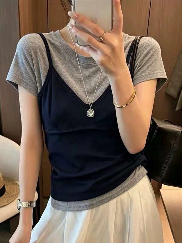 Xiao Cai Cc 7.24 New Summer Style Back-Tie Vest Short-Sleeved Two-Piece Set