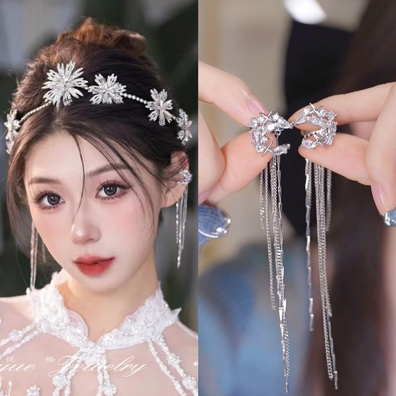 Moon Zircons long Thin Stream Suear Clips with small crowdsourced lukewarm wind without ear Ear Bone Clips Bridal Ear Accessories-Taobao