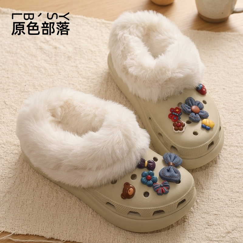 Compatible with Crocs Clogs, Plush Lining, Warm Cotton, Winter White, Fleece-Lined, Thickened Cotton Cover, Universal