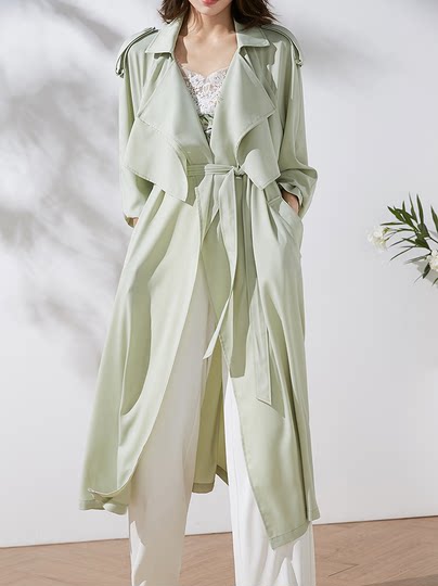 美妃2025春秋新款绿色 中长款紫色小个子垂感单层薄款风衣女外套