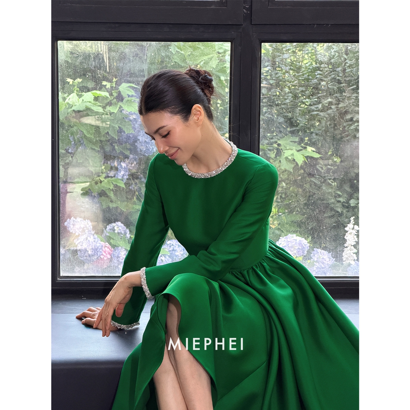 Miephei Dress for Women, French Style, Green, with Rhinestones, Long Sleeves, High-End, Beautiful, Elaborate Long Dress, Small Formal Dress Miephei Dress for Women, French Style, Green, with Rhinestones, Long Sleeves, High-End, Beautiful, Elaborate Long Dress, Small Formal Dress