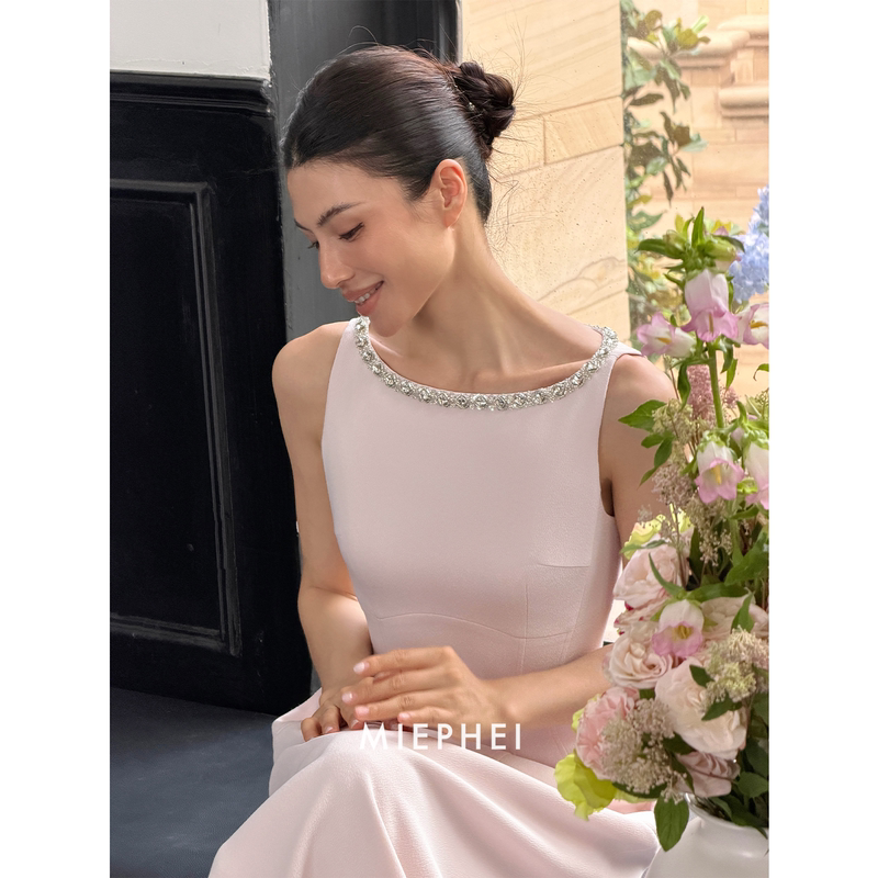 Miephei Dignified Aesthetic Pink Dress Women's One-Piece Dress Sleeveless Diamond-Encrusted Long Dress New Style Mini Dress
