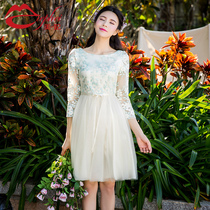 2020 new womens spring and summer round neck seven-point bubble sleeve mesh embroidery slim a dress female 6853