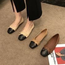 ITSK Shoes Womens Single Shoes Flat Bottom Light Mouth Butterfly Knots Small Scent Wind Women Shoes Soft-bottom Bean-Bean Shoes