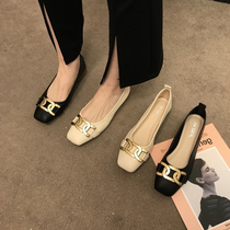 ITSK shoes womens single shoe low heel metal buckle shallow mouth square head coarse heel comfortable commuter womens shoes