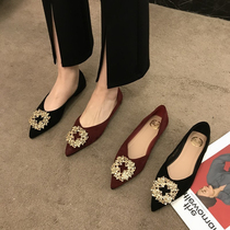 ITSK Shoes Womens Single Shoe Pointed Shallow Mouth Water Drill Suede Soft Bottom Flat Bottom Women Shoes Bean Bean Shoes