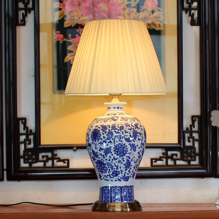 All-Copper Jingdezhen Blue and White Porcelain Living Room Study Bedroom Bedside Modern New Chinese Style Remote Control Dimming Ceramic Table Lamp