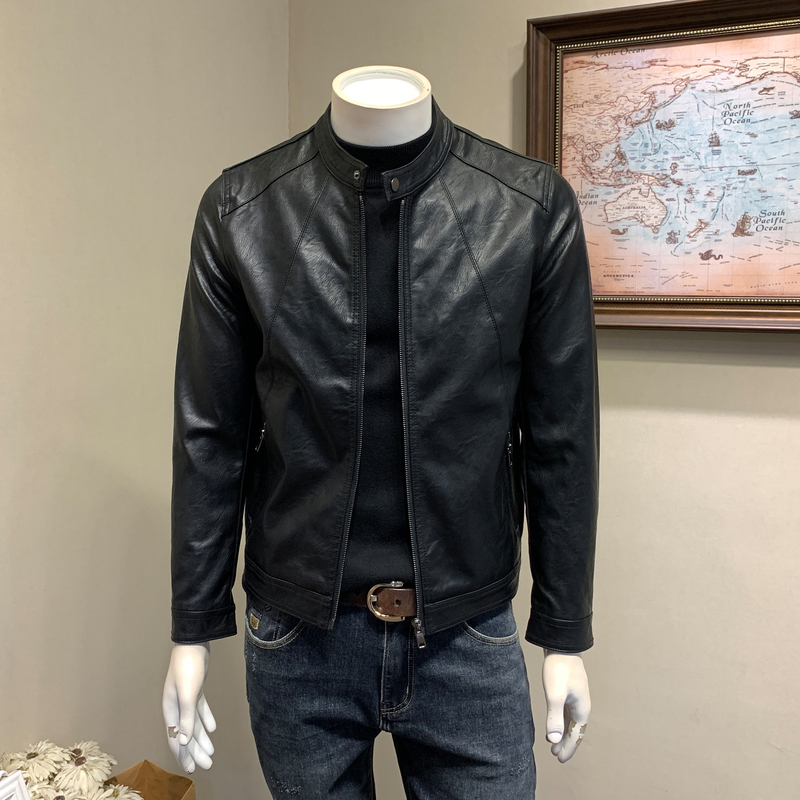 Spring and Autumn Pu Leather Stand Collar Short Leather Jacket for Men, Korean Style Slim Fit Biker Leather Jacket, Trendy Men's Coat, New Spring Style for Men