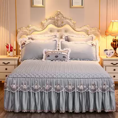 Korean version of solid color padded bed skirt single piece thickened Tencel modal bed cover four-piece lace non-slip ice silk bed cover