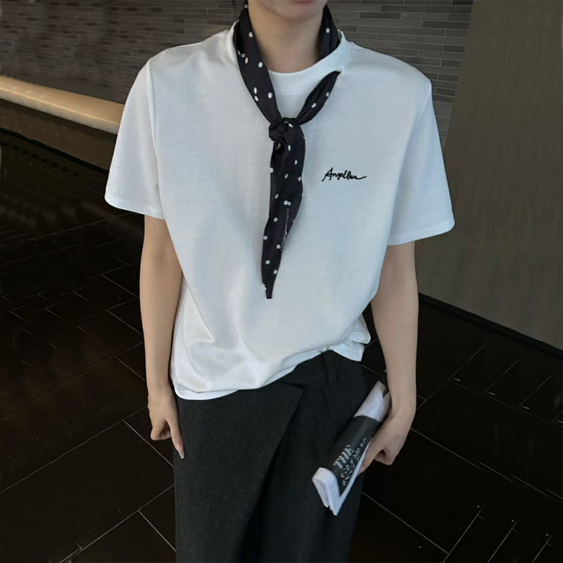 Letter Embroidered Short-Sleeved T-Shirt for Women 2026 New Loose Slimming White Regular Shoulder T-Shirt with Scarf and Bow Tie Top for Summer