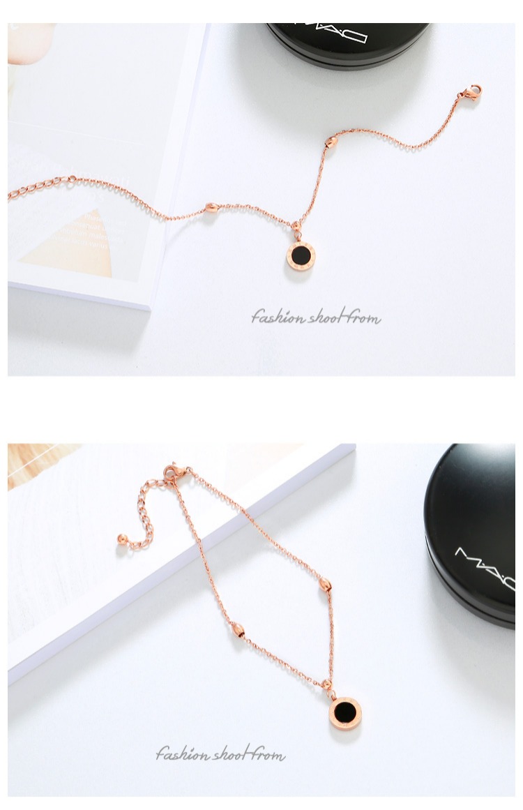 Rêu tròn hạt đen nhựa mạ vàng hồng 18k chữ số La Mã vòng mặt dây chuyền vòng chân nữ trang sức chuỗi chân lắc chân nữ inox