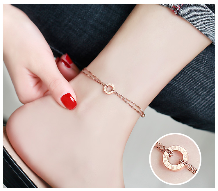 Vòng chân rêu nữ mạ vàng hồng 18k chữ số La Mã hai lớp vòng chân thời trang chuỗi quà tặng trang sức phụ kiện thời trang nữ