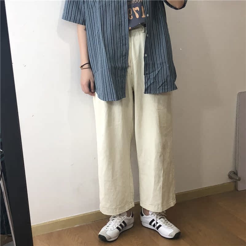 Ajoe / đa năng retro Nhật Bản giản dị thả lỏng chân trắng rộng quần áo nam