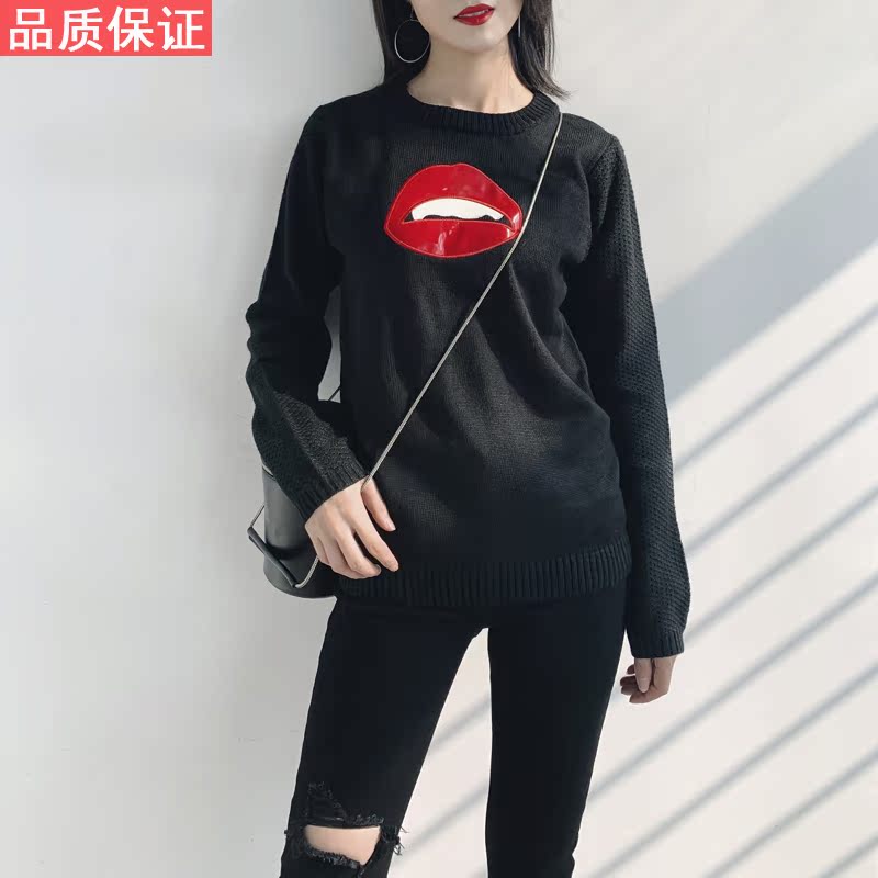 2019秋冬新款圆领套头黑色红唇长袖毛衣女修身韩版长袖针织打底衫