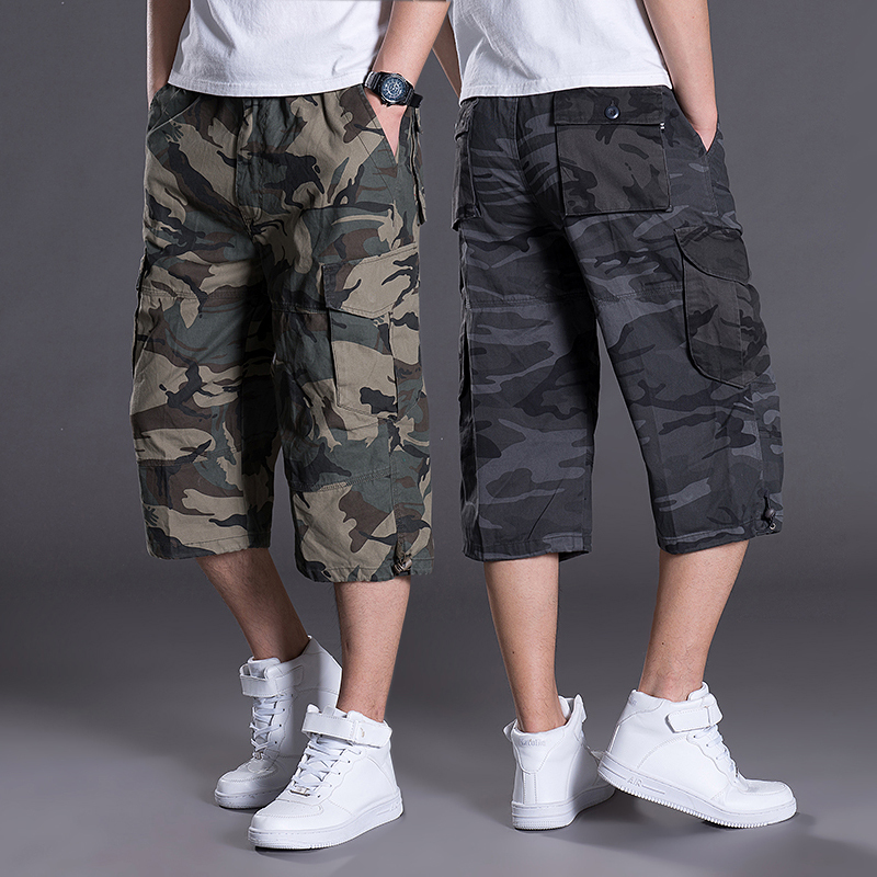 Summer Men's Sports Shorts, Thin, Multi-Pocket, Loose-Fitting, Three-Quarter Length, Large Size, Camouflage Casual Cargo Pants, Pure Cotton