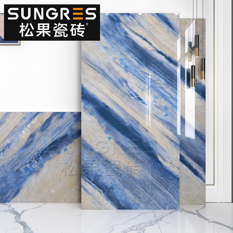 Modern minimalist Royal Blue Striped Living Room Marble Tile Floor Tile Wall Tile TV Background Wall 900 1800