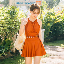 Swimsuit female Korean ins style new skirt type one-piece slim body cover belly thin sexy steel support gathered conservative hot spring