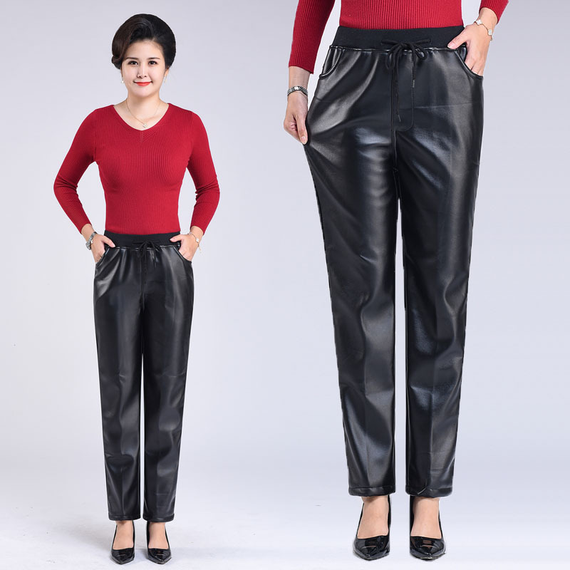Leather Pants for Middle-Aged and Elderly Women, Winter Style, High-Waisted, Loose Fit, Plus Size, Fleece-Lined, Thickened, Spring and Autumn, Waterproof, Mom's Leather Work Pants