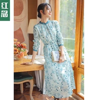 红念 Длинное платье, лонгслив, юбка, средней длины, из хлопка и льна, 2021 года, городской стиль, по фигуре, в цветочек