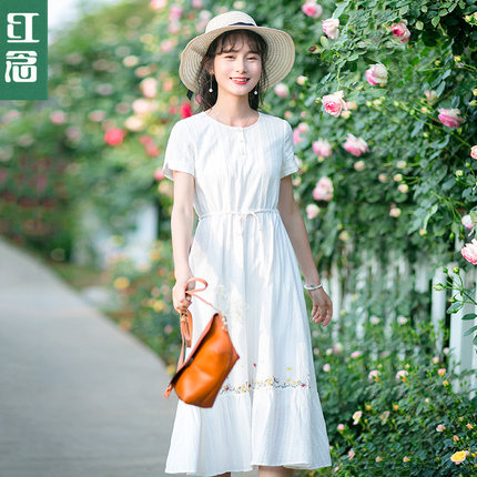 红念白色连衣裙女夏装2018新款中长款仙女裙
