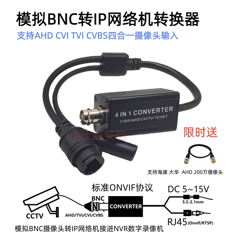 Analog Bnc to Ip Network Converter Ahd Cvi Tvi Cvbs Camera to Rj45 Network Converter