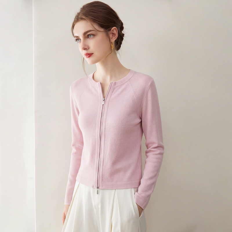 Yangzi Yarn Fine-Spun 100% Pure Wool Zip-Up Round-Neck Cardigan for Women, Solid Color Slim-Fit Knit Jacket, Summer Thin Style