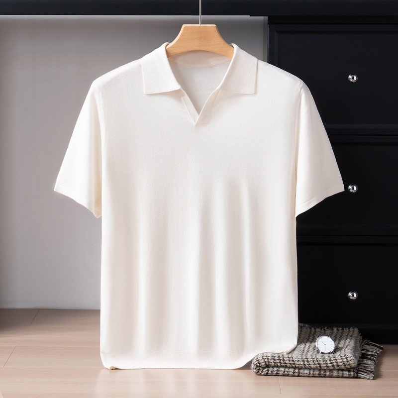 85% Mulberry Silk 15% Cashmere Spring and Summer Thin Men's Short-Sleeved Seagull Collar Knit Shirt Simple Casual T-Shirt