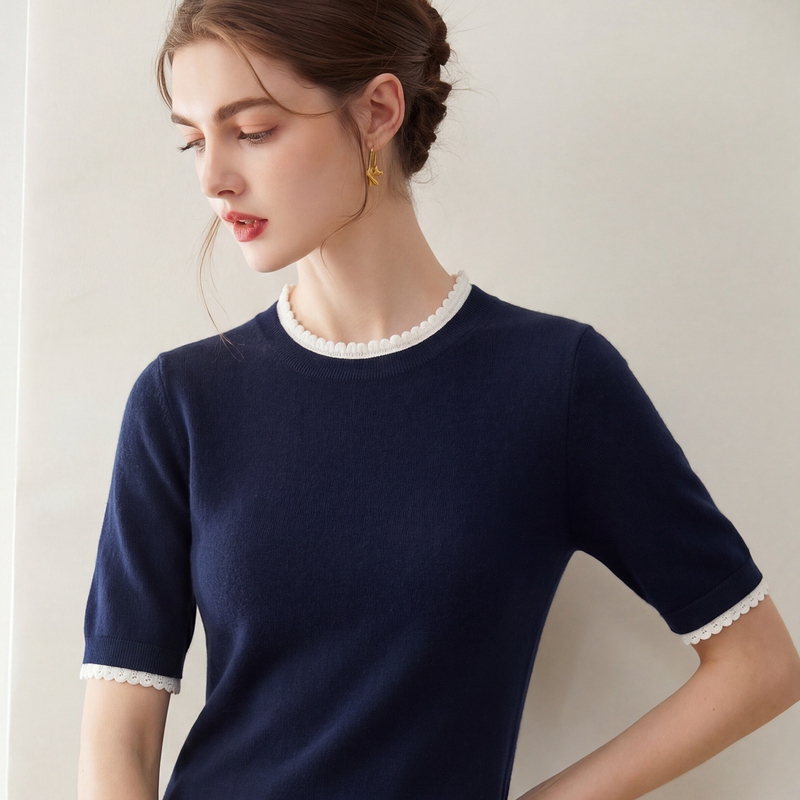 Celebrity-Style Summer Thin Mulberry Silk Short-Sleeved Women's Lace-Trimmed Collar Cashmere Knit T-Shirt, Skin-Friendly and Breathable Celebrity-Style Summer Thin Mulberry Silk Short-Sleeved Women's Lace-Trimmed Collar Cashmere Knit T-Shirt, Skin-Friendly and Breathable