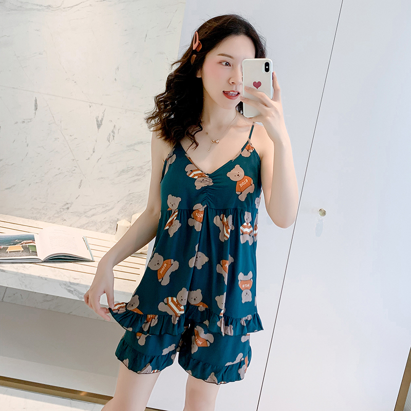 Cotton silk pajamas with chest pads women's suspender pajamas two-piece summer thin sweet and cute shorts V-neck sexy