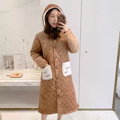 Nightgown women's winter thickened extended coral velvet three layers of warm cotton cotton autumn and winter bathrobe hooded pajamas can be worn outside