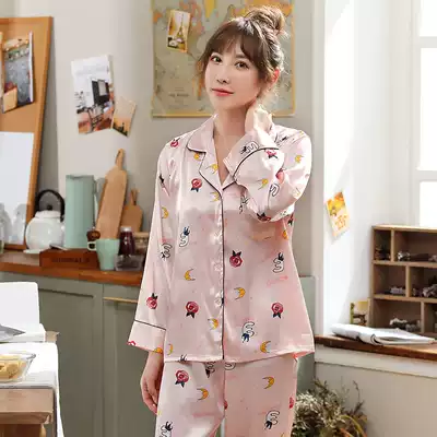 Korean autumn and winter pajamas female summer ice silk long sleeve can wear thin fresh student cotton silk home suit suit
