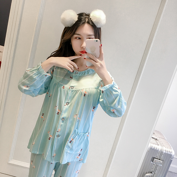 Bông lụa đồ ngủ nữ dài tay cotton cardigan phần mỏng mùa xuân và mùa thu mùa hè nhân tạo cotton phù hợp với dịch vụ nhà tháng quần áo