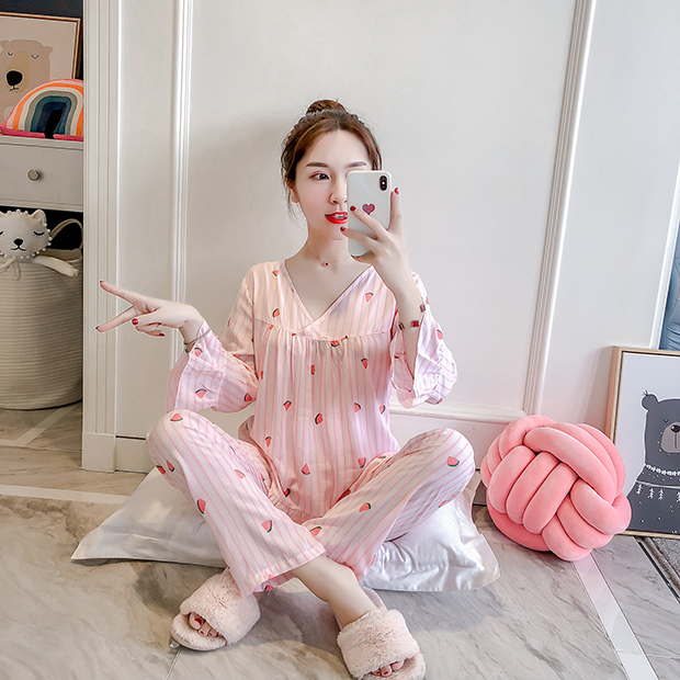 Bông lụa đồ ngủ nữ dài tay cotton cardigan phần mỏng mùa xuân và mùa thu mùa hè nhân tạo cotton phù hợp với dịch vụ nhà tháng quần áo