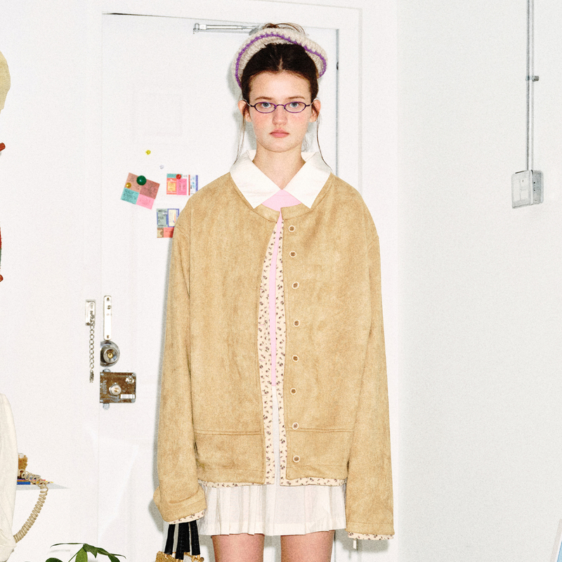 Wonderful Story American-Style Floral Ribbon Curved Placket Collarless Jacket Spring New Unisex Coat