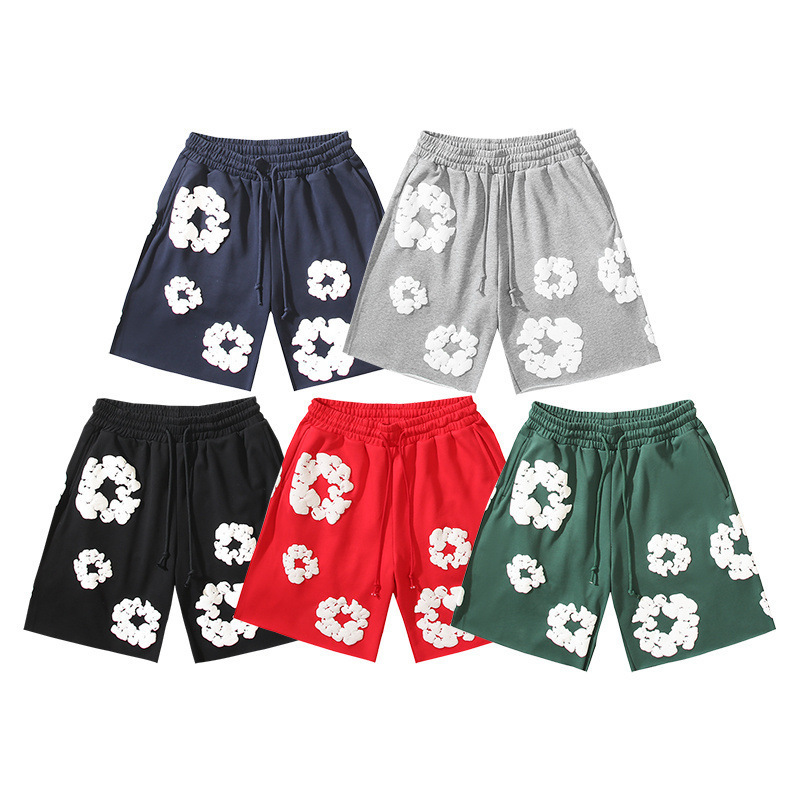 Denim Tears Kanye-Style Foam Kapok Shorts for Men and Women, High Street Loose American Casual Five-Point Shorts, Trendy