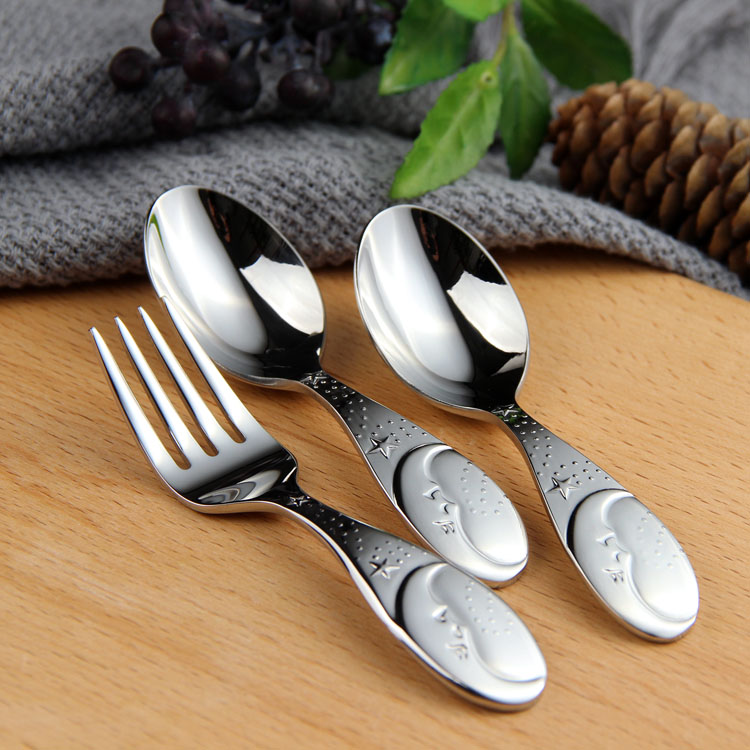 304 Stainless Steel Wide Handle Baby Spoon Child Fork Short Handle Cartoon Spoon Fork Soup Spoon Feeding Spoon Noodle Fork