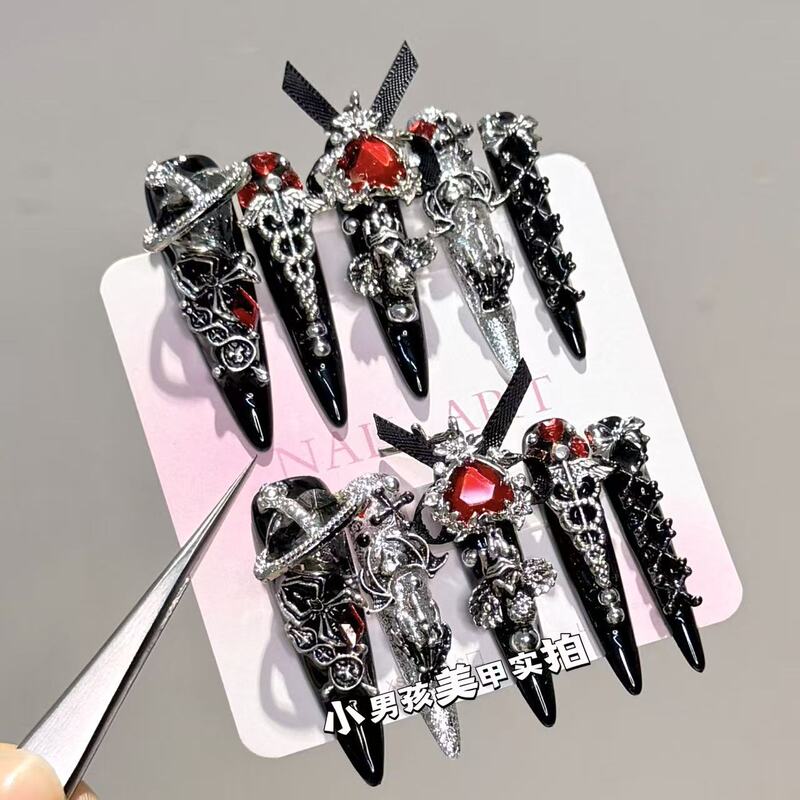Dark Angel Gothic Punk Style Hot Girl Little Boy Manicure Pure Handmade Wearable Nails Removable Patches 930