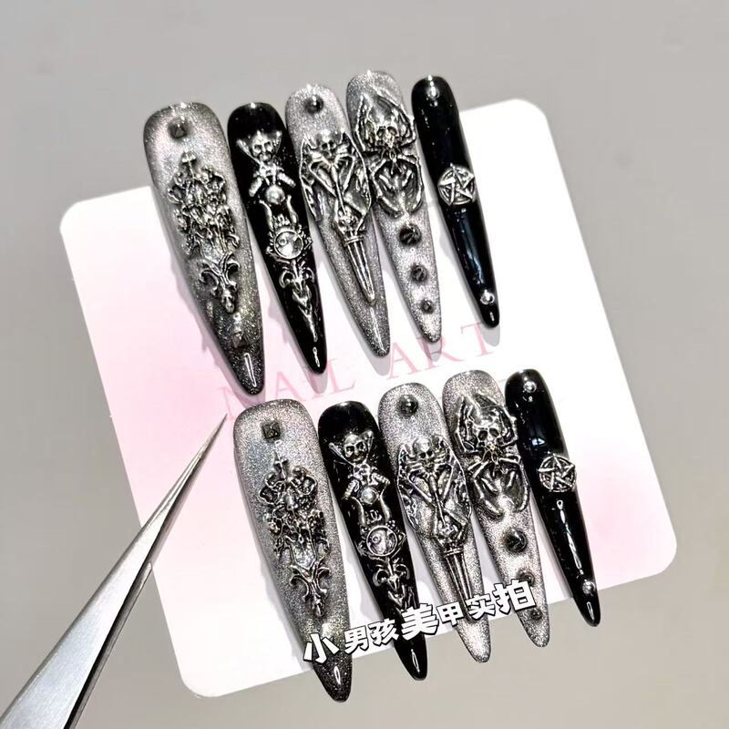 Dark Gothic Punk Style Skull Hot Girl Little Boy Nail Art Handmade Wearable Nails Removable Patches 929