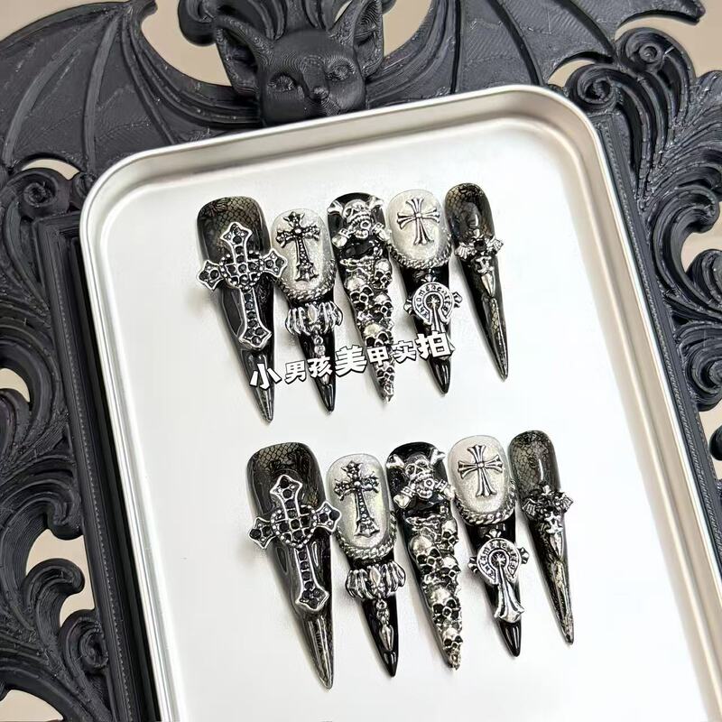 Dark Gothic Style Skull Little Boy Nail Art Handmade Wearable Nails Removable Patches 913 Dark Gothic Style Skull Little Boy Nail Art Handmade Wearable Nails Removable Patches 913