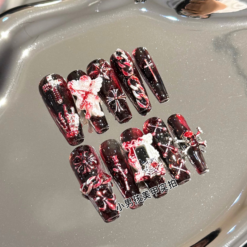 Little Boy's Manicure, Handmade Nail Patches, Finished Gothic Style, Dark and Bloodthirsty Mary