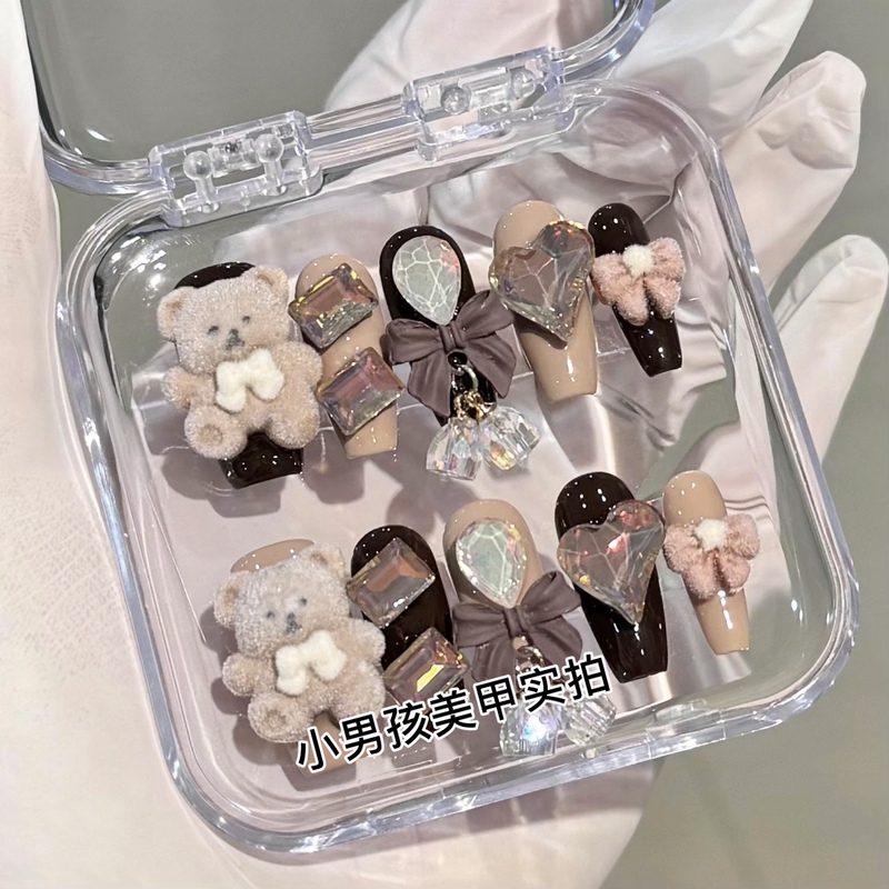 Cute Plush Teddy Bear Melard with Large Diamond Bell Pendant, Little Boy's Nail Art Handmade Wearable Nail Stickers