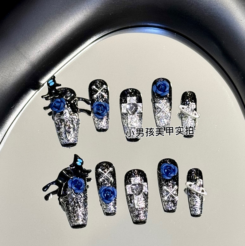 Little Boy's Nail Art Handmade Nail Patches Cat with Blue Eyes Little Black Cat Dark Spicy Girl Stone Nail Salon Same Style