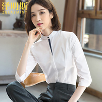 Zamings stand collar seven-point sleeve white shirt female professional spring and summer fashion temperament design sense niche work clothes shirt