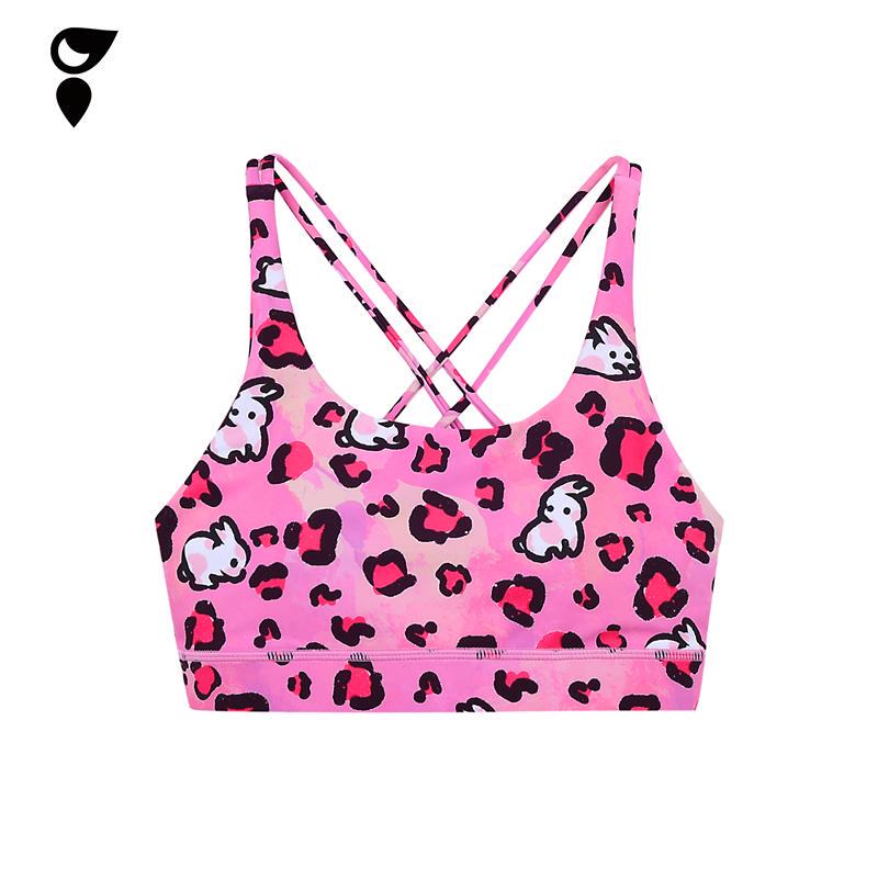 Hardship｜Leopard Print Rabbit Medium to High Intensity Training Sports Bra Pink Cross-Strap Women's Beautiful Back Bra