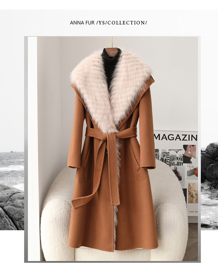 Korean Genuine Fox Fur Collar Cashmere Coat Long Knee Length Fur